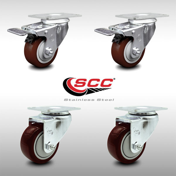 Service Caster 3.5 Inch SS Maroon Polyurethane Top Plate Caster Total Lock Brakes SCC, 2PK SCC-SSTTL20S3514-PPUB-MRN-2-S-2